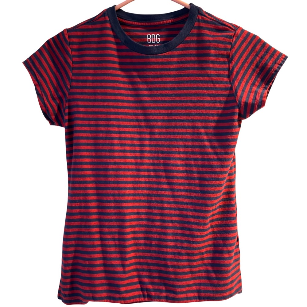 BDG Women XS Navy Red Striped Fitted Baby Tee Short Sleeve Crew Neck 90s Y2K